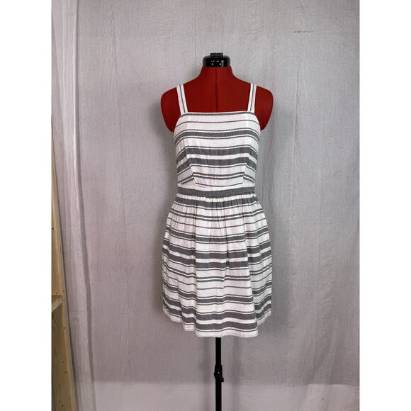 LOFT OUTLET WOVEN COTTON GRAY WHITE STRIPED LINED SLEEVELESS SUNDRESS XS E077 - Picture 1 of 12